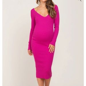 NWT PinkBlush Maternity Fuchsia Knit Ribbed Maternity Midi Dress size L